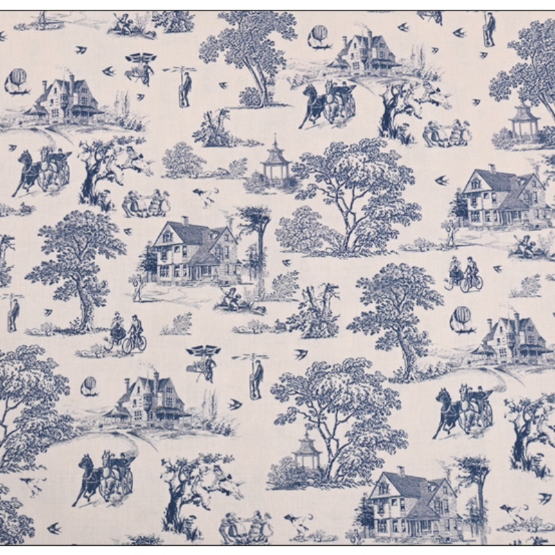 Coton français historial bleu toile de jouy tissu