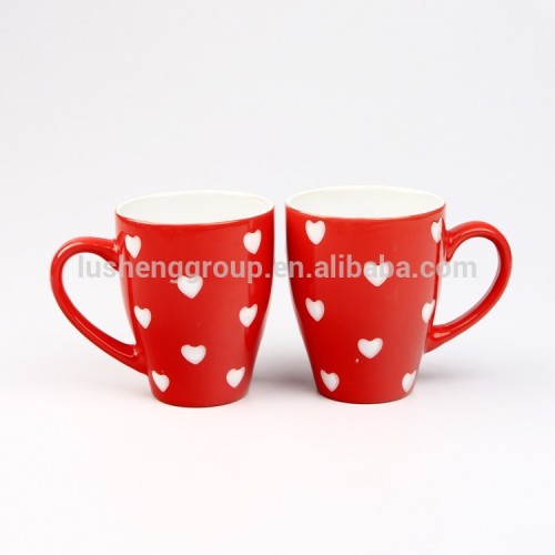 cute heart printed red glazed ceramic coffee mugs for custom logo printing