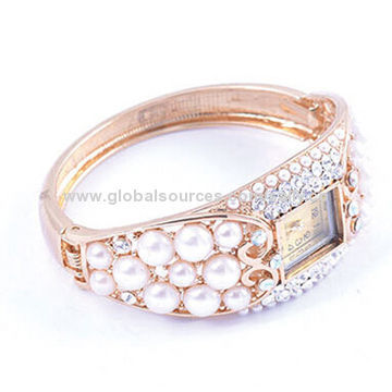 Nice gold jewelry watches, made of imitation pearls/rhinestones/gold bangle, various colors/designs