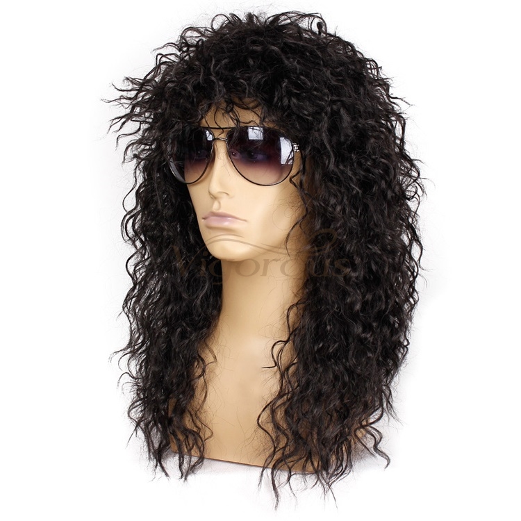 Vigorous Long Curly 80S Men Hair Wig Heat Resistant Synthetic Black Punk Puffy Headgear Fashion Heavy Rocker Style Cosplay Wig