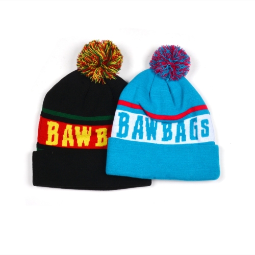 Cheap wholesale custom jacquard big letters beanies with pom