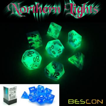 Bescon Super Glow dans l&#39;obscurité Nébuleuse pailletée Polyédrique Jeu de dés NORTHERN LIGHT, jeu de dés lumineux RPG, rougeoyante nouveauté DND dés