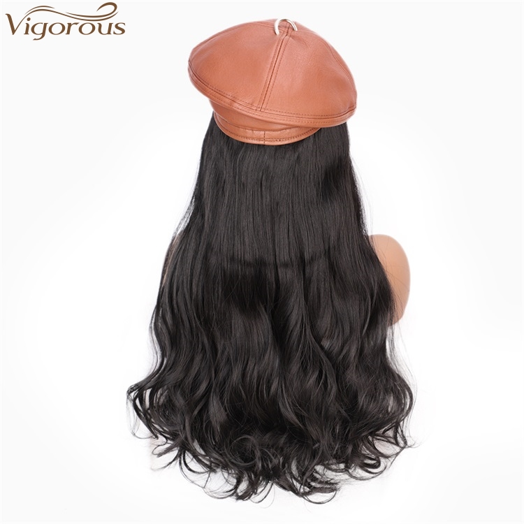 Vigorous Black Wavy Wig With Brown Hat For Women Heat Resistant Synthetic Hair Extensions hat wig