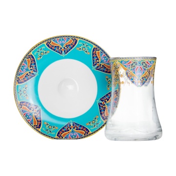 Classic Turkish Black Tea Set - Colorful Painted Teacups with Customized Saucers