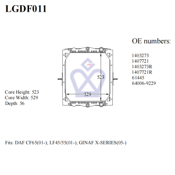 DAF truck radiator, 1403273, 1407721, 61445, LGDF011