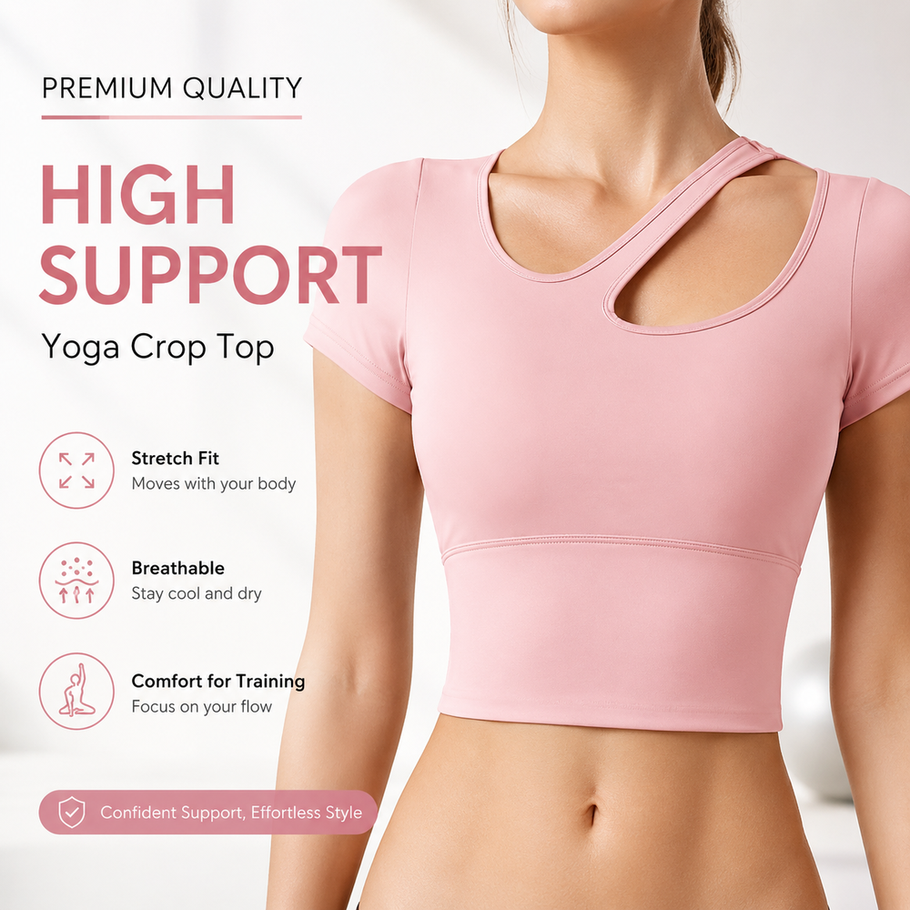 Женская розовая короткая футболка с асимметричным вырезом Women Pink Asymmetric Neck Short T-Shirt