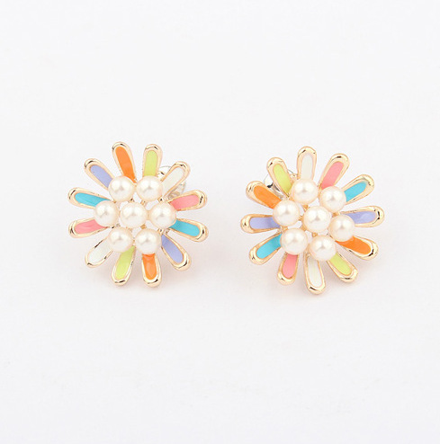 Factory direct sale fashion ladies Pearl Flower Earrings luxury boutique colorful enamel gold flower woman stud earrings