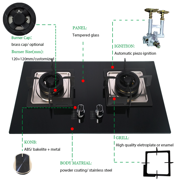 Cooking appliances household 2 burners embedded big burner gas stove gas cooker