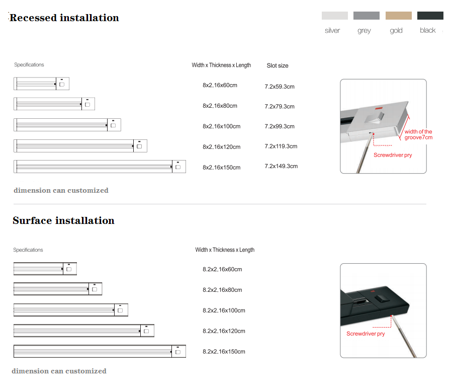 movable kitchen electrical black LED  recessed and surface track Socket with 3 gang power socket /60CM power track socket