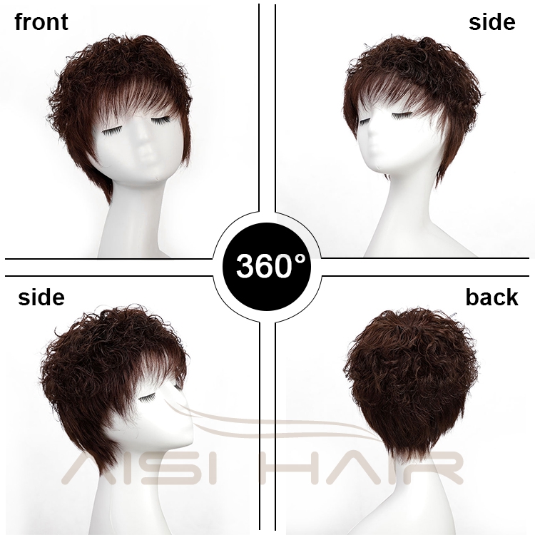 Clip On Glueless Brown Topper With Bang Short 100%  Straight Brazilian Cheap Pixie Cut Wig Human Hair