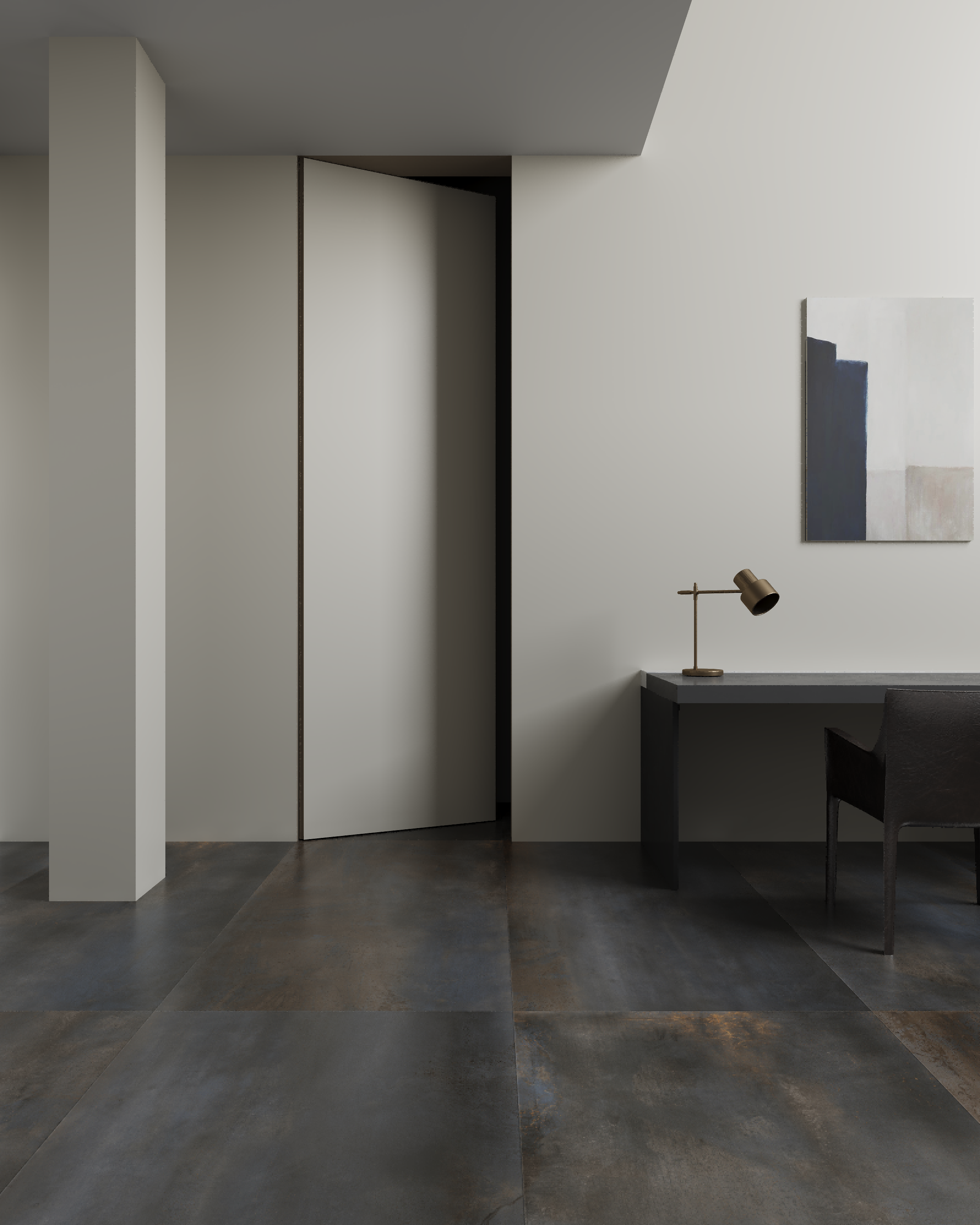 Porta articulada sem moldura que abre para um interior moderno