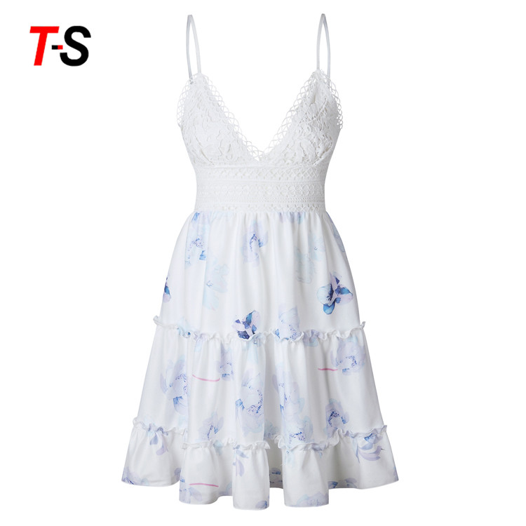 Best selling Summer Sweet Casual Party Style Dresses Striped sling sexy v-neck bow lace splice dress