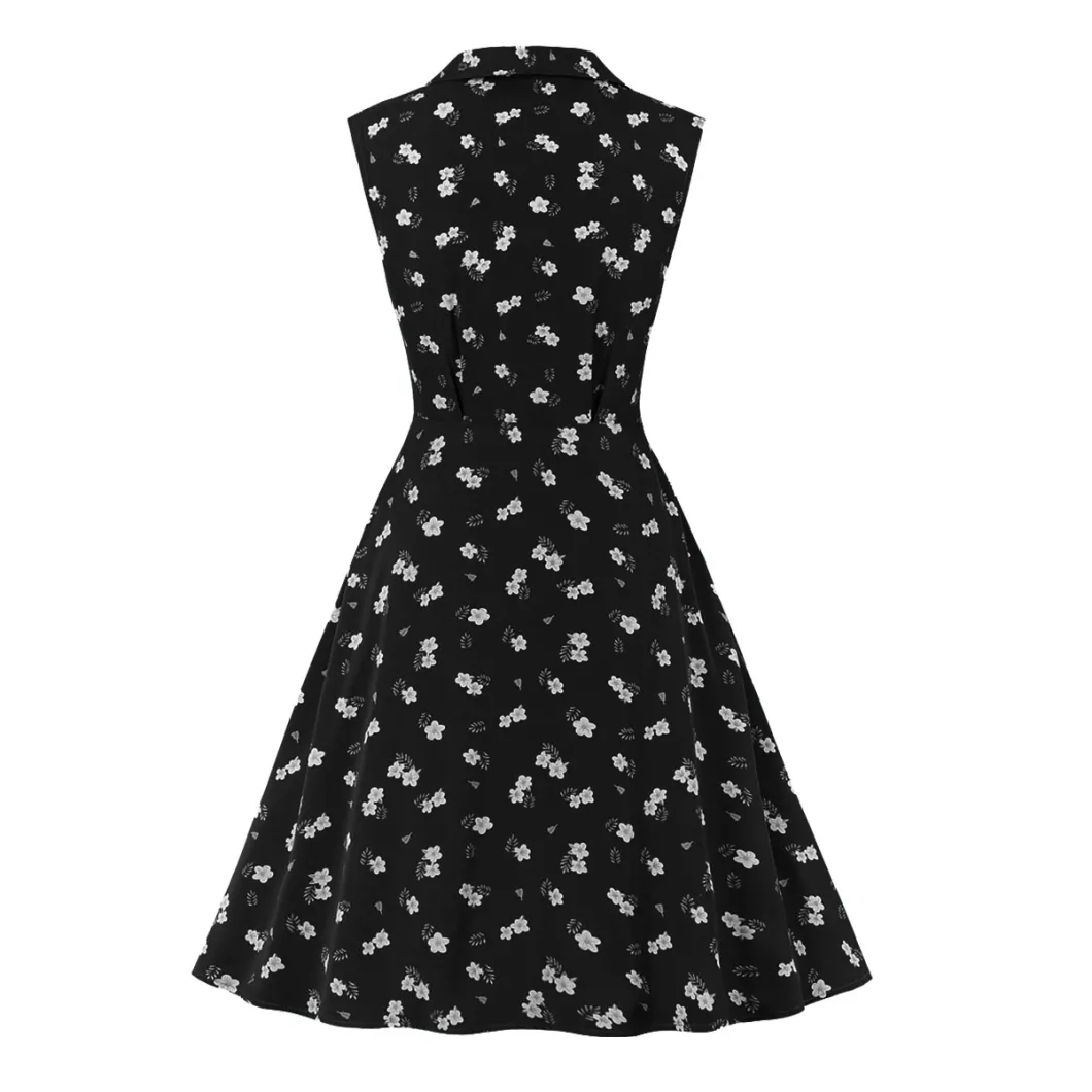 Women Summer New Lapel MID-Length Skirt Floral Sleeveless Dress