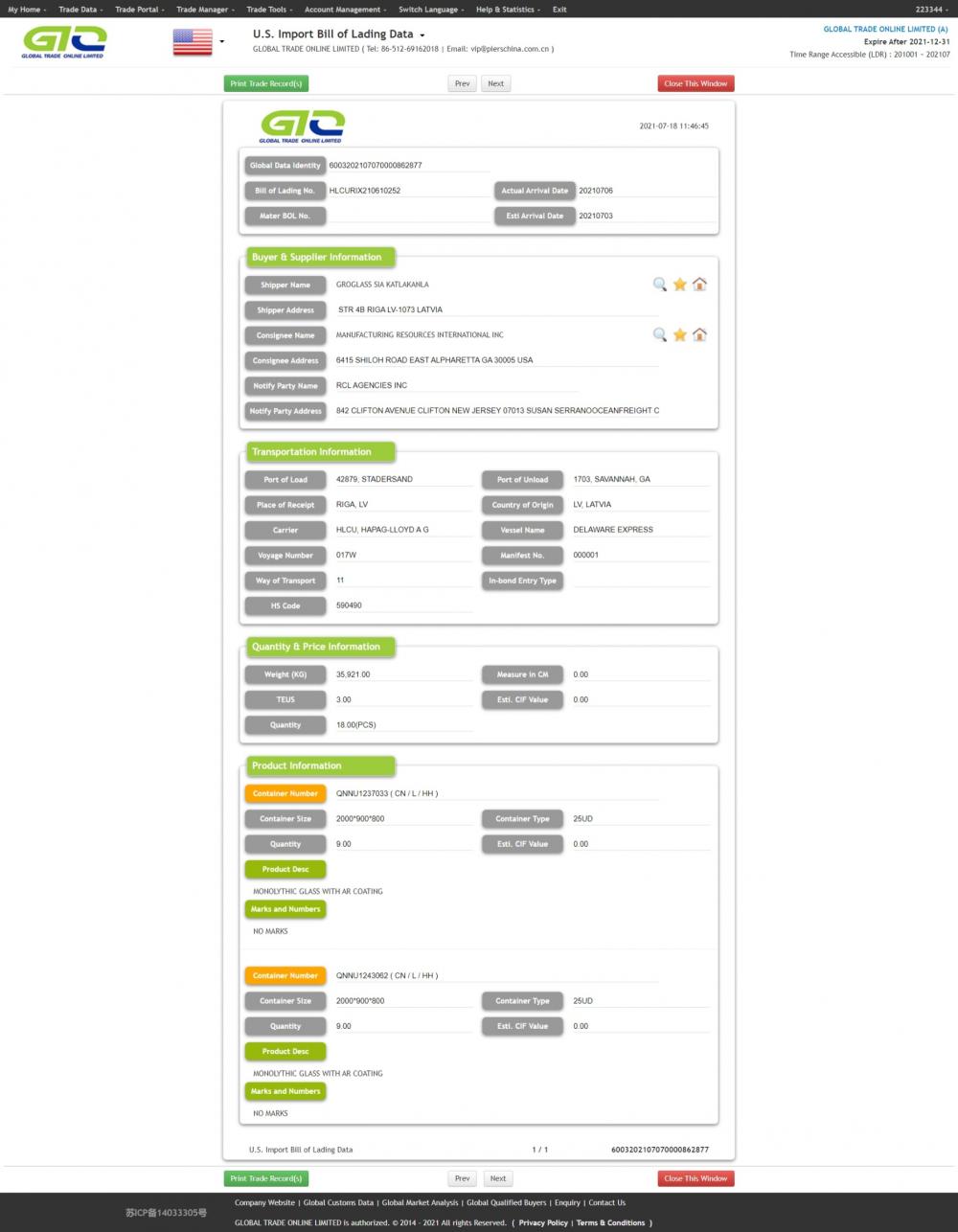 Datos personalizados de importación de EE. UU. De VIDRIO MONOLÍTICO