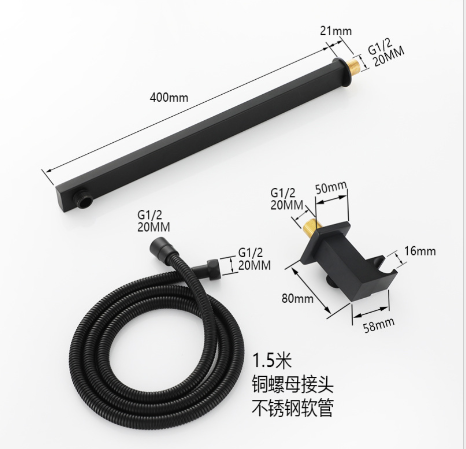 隠された壁に取り付けられた2つの機能のハンドシャワー(黒い浴槽の蛇口を含む)バスルームシャワーヘッドセット
