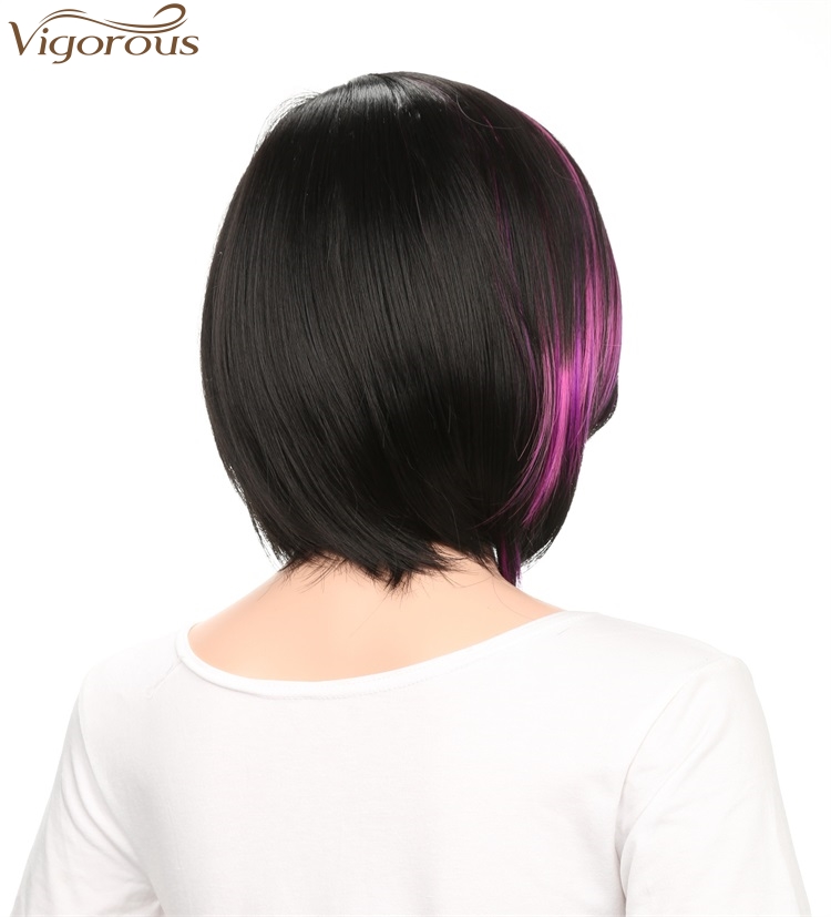 Vigorous Black Mix Purple Silky Straight Wigs With Part Side Bangs For Women Synthetic Fiber Heat Resistant Glueless Hair Wigs