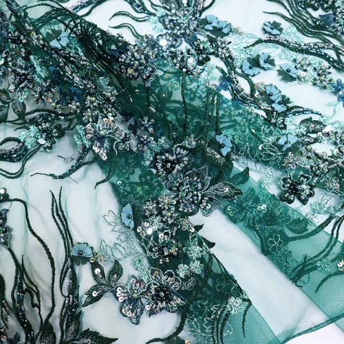 Broderie florale à sequins vert foncé