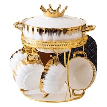 Gold Striped Crown Stockpot Bowl Set with Ceramic Cutlery and Gold Holder