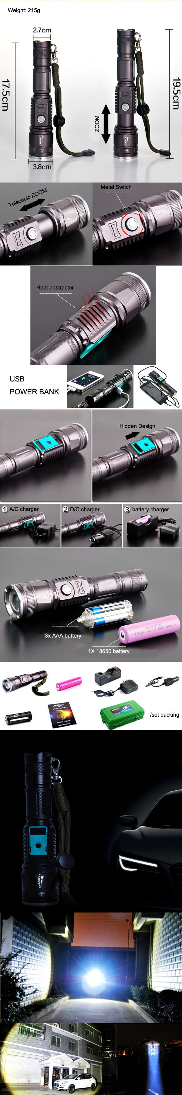 Classic Hidden USB Design CREE Xm-L T6 USB Power Bank Flashlight Poppas-6611