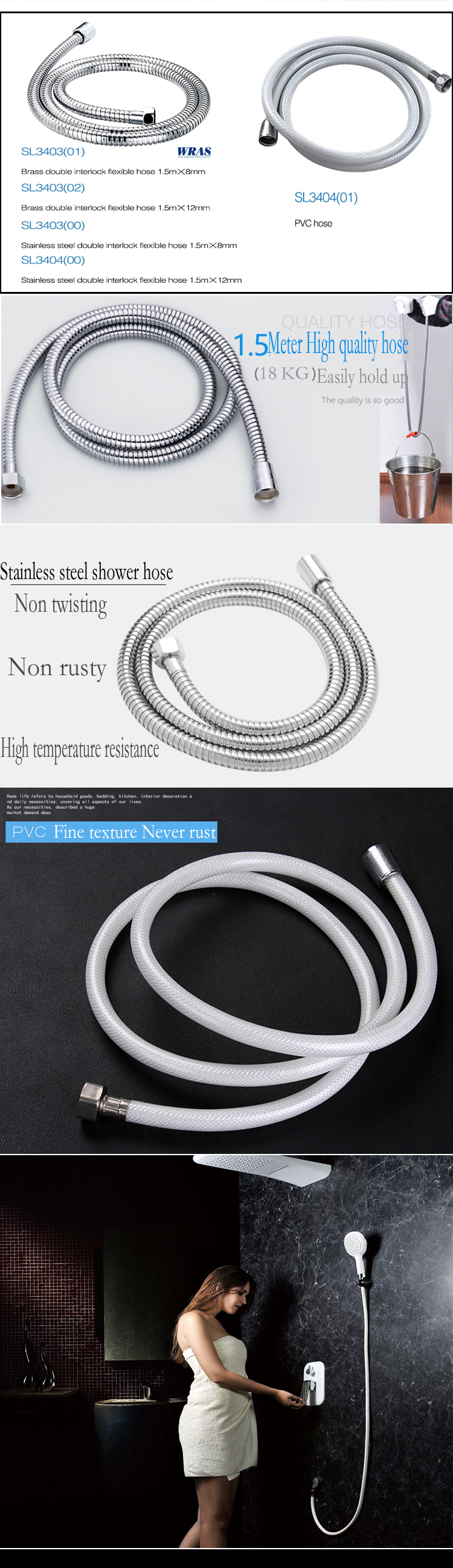 High pressure popular 1.5 meter flexible Brass/Stainless steel double interlock flexible hose and PVC hose bathroom shower hose