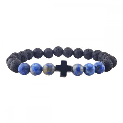 Gemstone 8mm Black Lava Stone With Hematite Cross Stretch Bracelet Natural Stone Round Beads Handmade Charm Bracelet for Women