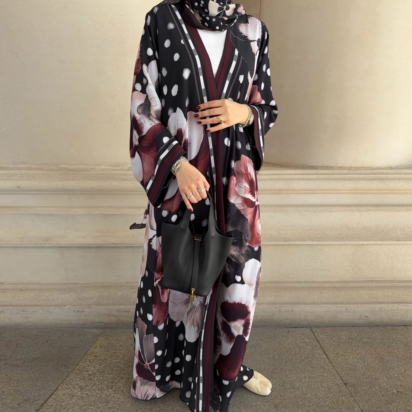 چاپ گل عبای باز با جزئیات روسری Floral Print Open Abaya with Headscarf Detail