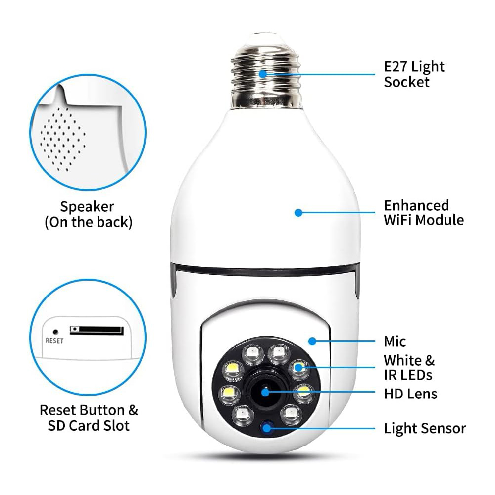 رؤية Night Night Vision CCTV LED مراقبة PTZ 360 LAMP حامل المصباح E27 Network Smart Bulb WiFi Camera