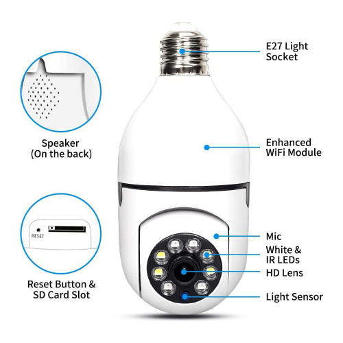 Home Security Night Vision CCTV LED Surveillance PTZ 360 Lampu Pemegang E27 Jaringan Smart Bulb WiFi Camera