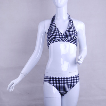 2015 Newly Fashion Hanging Neck Tartan Design Printed Sexy Bikini Swimwear