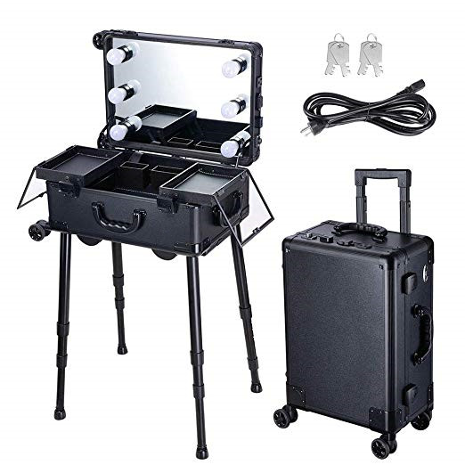 Rolling Makeup Case LED Light Mirror Adjustable Legs Lockable Train Table Studio Artist Cosmetic Case