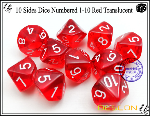 10 Seiten Würfel nummeriert 1-10 Rot Translucent-2 10 Sides Dice Numbered 1-10 Red Translucent-2