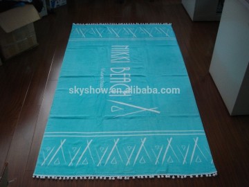 100% Cotton Velour Beach Towel With Pom Pom Fringe With Tassel