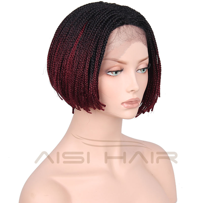 Synthetic Black Red Ombre Two Tone Color Lace Front Wigs Braid Box Hair Bob Style Wig Heat Resistant Glueless Lace Front Wig