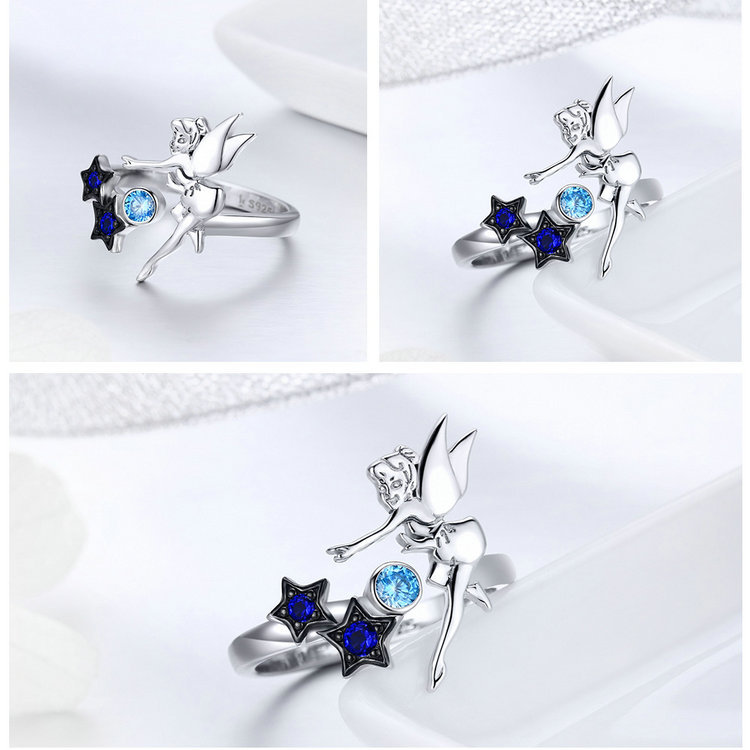 women gemstone ring adjustable 925 sterling silver Fairies star angel wings rings metal ring