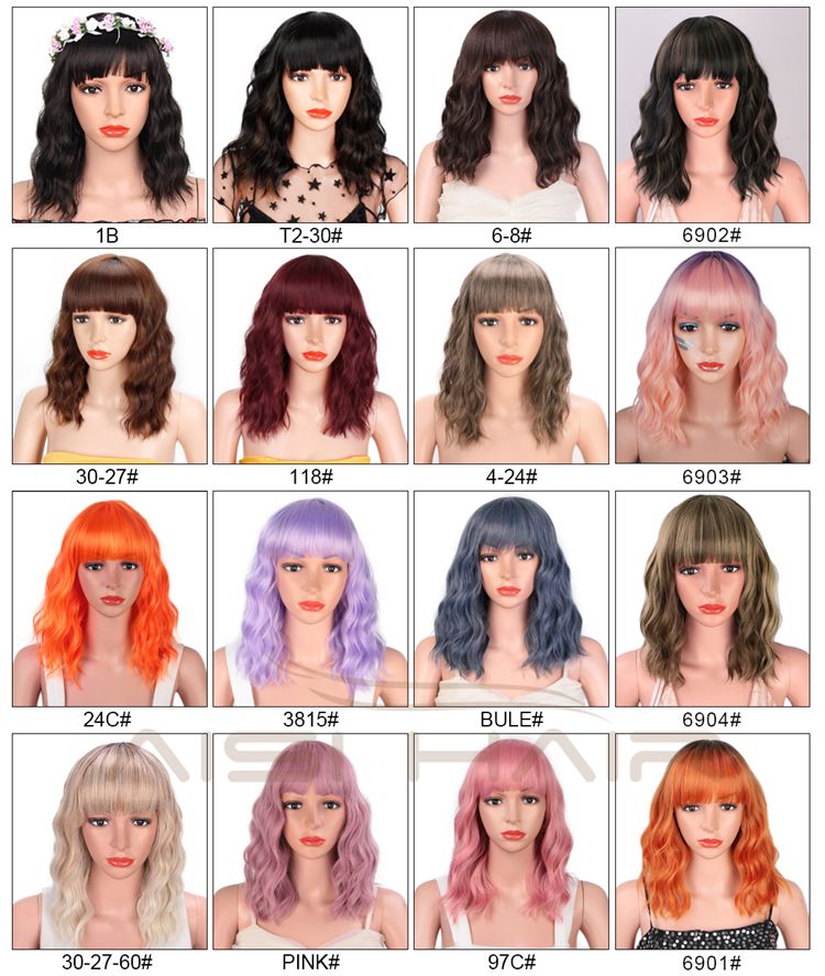 Aisi Hair Wholesale Cheap Synthetic Short Curly Wave Brown Bob Wigs With Neat Bangs Hair Wigs For Black White Women