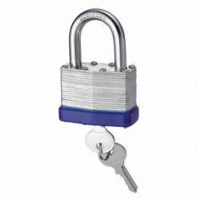 Steel laminated padlock with hardened steel shackle