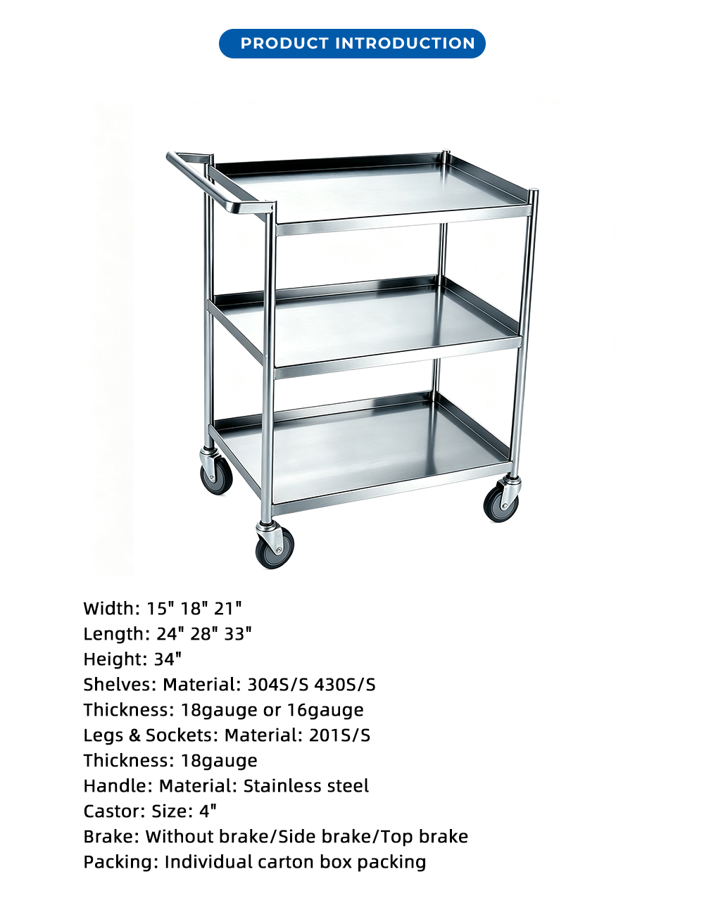 عربة خدمات من الفولاذ المقاوم للصدأ ذات 3 طبقات بعجلات X 3-Tier Stainless Steel Utility Cart with Wheels X