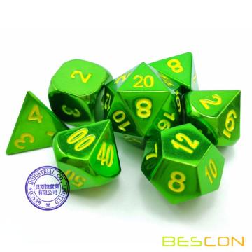 Bescon Heavy Duty Solid Metal Dice Set Glossy Green, Solid Metallic Polyhedral D&D RPG 7-Dice Set