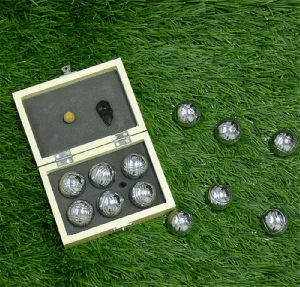 Chrome Bocce Ball Set in Wooden Box