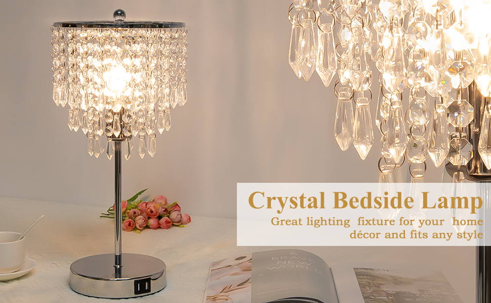 Elegant Touch Control Crystal Table Lamp with USB Charging Ports