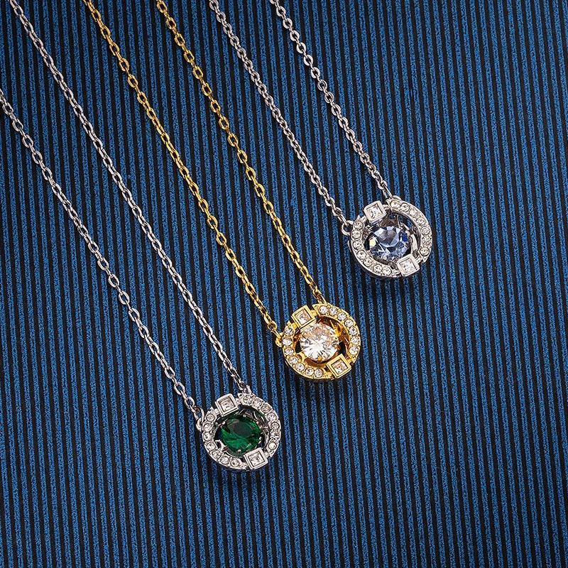European American Jewelry Diamond Green Red Blue White Crystal Smart Pendant Clavicle Chain Gift Thin Chain Necklace for Women
