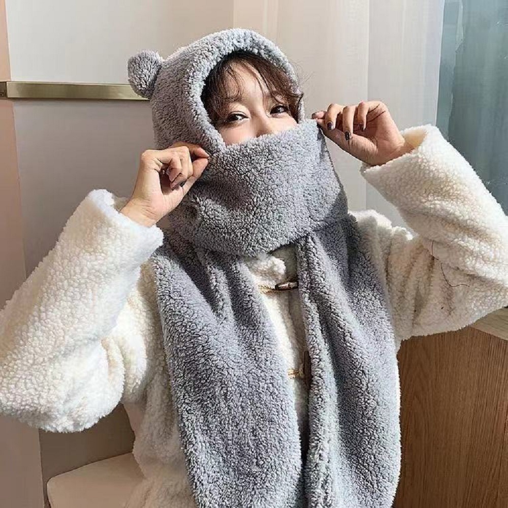 Bear Hat Winter All-matching Korean Cute Plush Scarf One-piece Hat Three-piece Suit