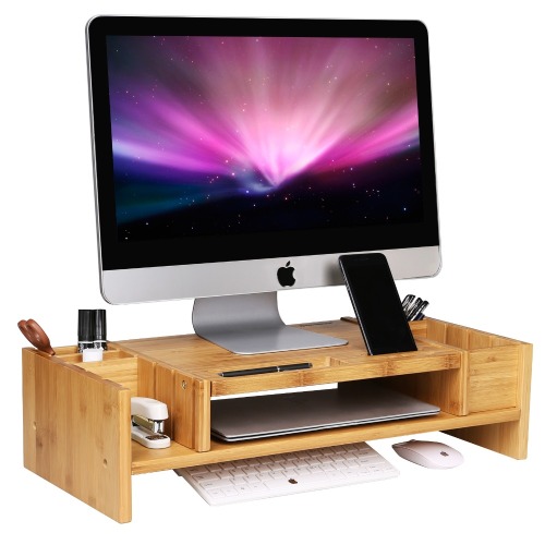 Bamboo 2-Tier Monitor Stand Riser con organizador de almacenamiento ajustable Laptop Cellphone TV Printer Stand Escritorio de la computadora