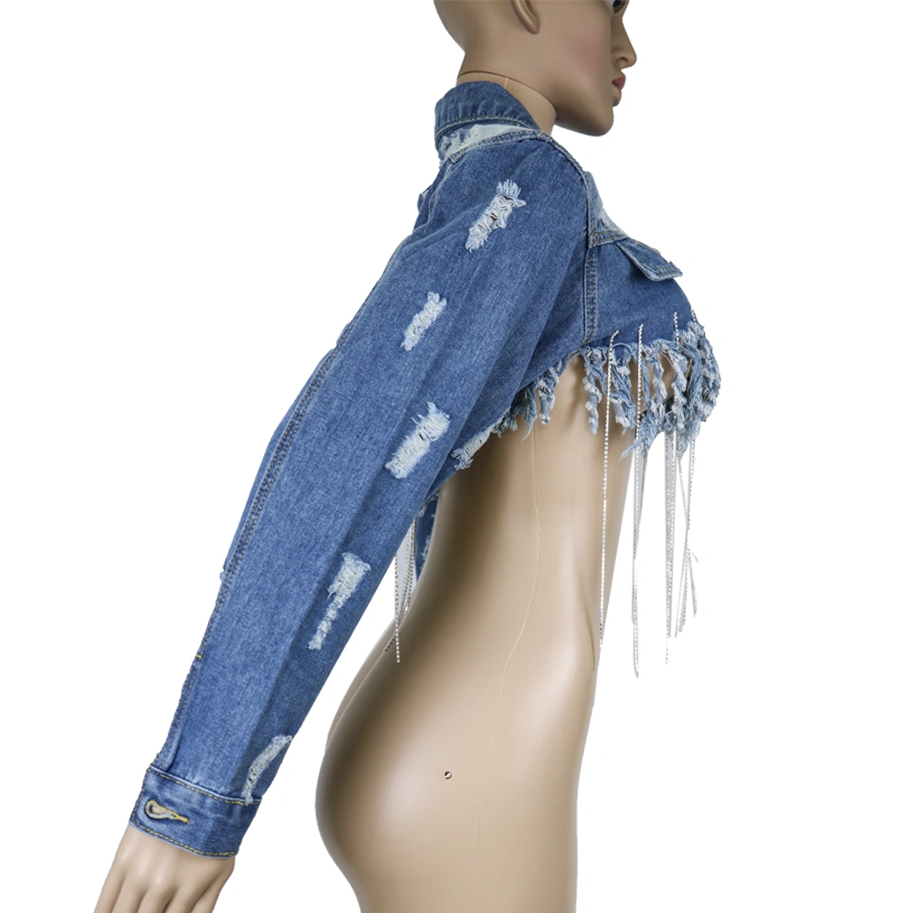 Wholesale Plus Size Denim Women Cotton Make Old Hole Tassels Jeans Jacket