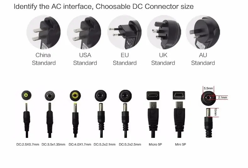 Interchangeable Plug Adapter EU/Us/UK/Au/Cn Standard 24V 0.5A Power Supply