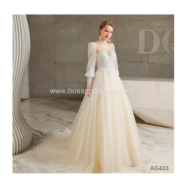 Gray Sleeve Embroidery Sheer Illusion Nude Back Long Chiffon wedding dress maid bridesmaid