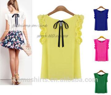 Fashion new design butterfly bow back chiffon blouse tops for ladies