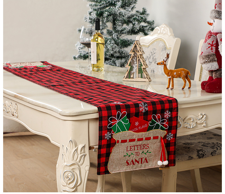 Christmas Table Runner Christmas Applique Embroidered Plaid Tablecloth Home Table Decoration Christmas Decorations