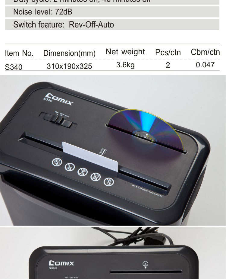 cross cut S340 8 SHEETS 1CD 1CARD PAPER Auto start and stop, Overheat protection, Overload protection