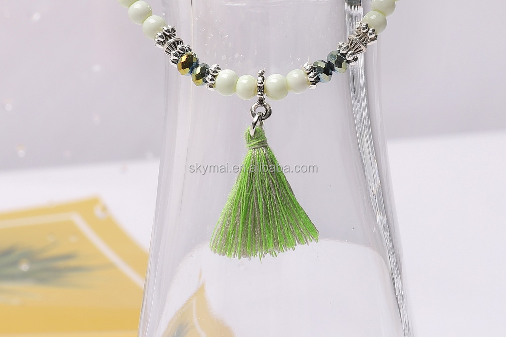 Triple Stacking Glass Beaded Nature Amazon Gemstone With light green Tassel Charm Bracelet